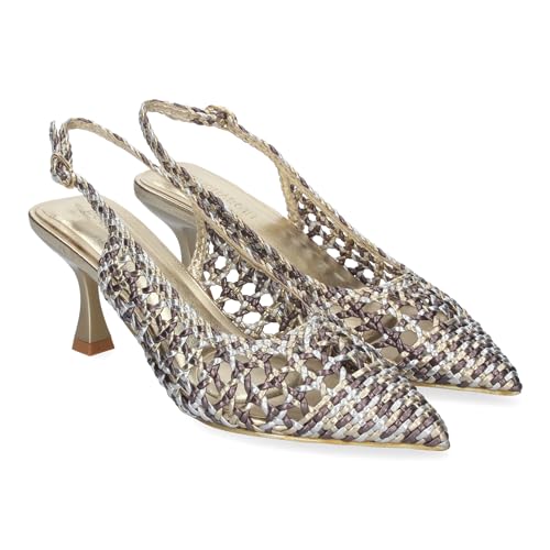 84251 Zapato de Tacon Fino para Mujer, Comodo y Elegante, Estilo Salon, de Punta Fina, de Material Entrelazado, y Cierre de Hebilla. Gris Talla 38