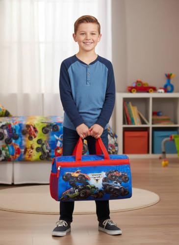 Image of Monster Jam Kids' Duffle Bag - Truck-Themed Travel Gym Bag with Adjustable Shoulder Strap, Mesh Side Pockets & Zipper Pocket