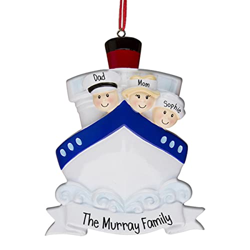 Cruise Family - Family of 3 - Personalized Christmas Ornaments - Cruising - Caribbean - Mexican Riviera - Vacation - Ship - Luxury Liner