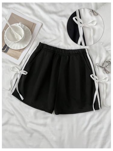 SHENHE Girl's Striped Sweat Shorts Y2K Bowknot Elastic Waist Wide Leg Track Shorts3