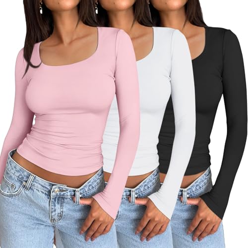 AUTOMET 3 Pack Womens Long Sleeve Shirts Fall Fashion Scoop Neck Crop Tops Basic Layer Slim Fit Y2K Clothes