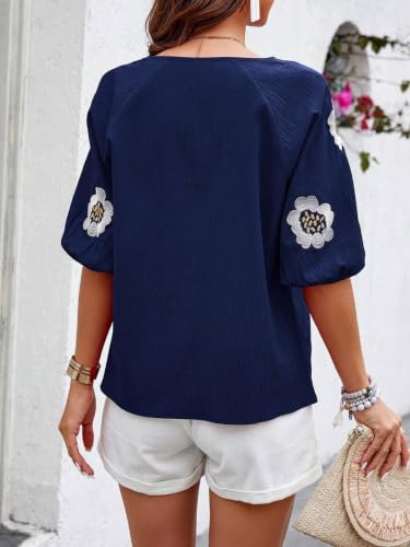 Image of Women's Summer Tops Floral Embroidered Puff Short Sleeve Shirts V Neck Boho Tunic Casual Blouse