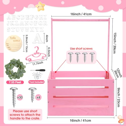 Image of Barydat Wooden Baby Shower Crate Closet Basket with Handle Baby Announcement Sign Garland Hangers Large Letter, Wooden Gift Crate, Letters for Pregnancy New Parent Party(Pink)