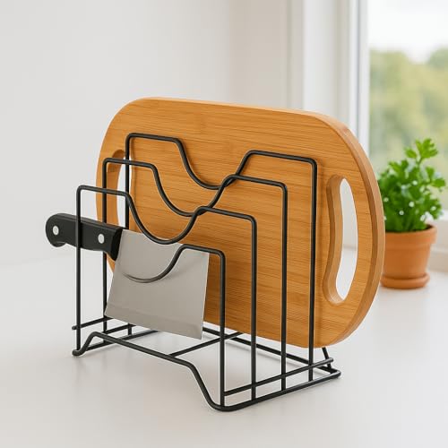 Image of Craft Expertise Black Iron 4-Slot Pan & Pot Rack Organizer - Kitchen Lid Holder, Chopping Board Stand & Multi-Purpose Dish Rack, Heavy-Duty Cookware Storage (9 x 7 x 8.5 Inches)