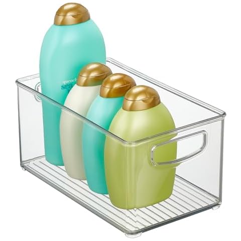 mDesign Plastic Storage Organizer Wide Container Bin with Handles for Bathroom, Home Organization - Holds Vitamins, Supplements, Makeup, Styling Tools - Ligne Collection - Clear Cover