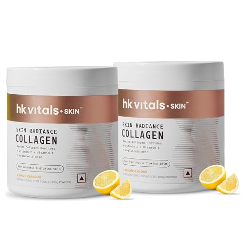 Image of hk vitals Marine Collagen Supplement (Lemon, 200g) | Vitamin C, E, Sodium Hyaluronate | For Healthy Skin, Hair & Nails (Pack of 2)