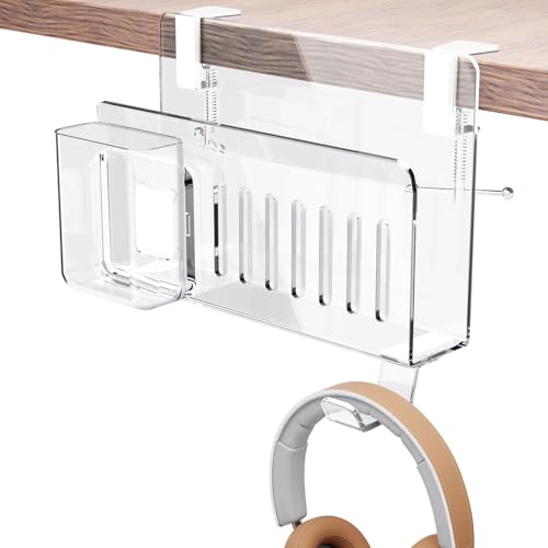 HEWYIOS Acrylic Desk Side Storage,Under Desk Laptop Holder Storage Clamp on desk shelf,With Pen Holder and Headset Hook,Clear Desk Side Hanging Organizer accessories (transparent)