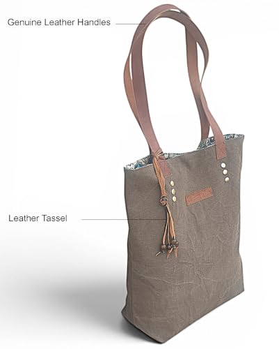Image of The House of tara Distressed Finish Canvas Tote Handbag | Tassel Embellished | Magnetic Closure & Internal Zip Pocket Shoulder Bag | For College, Office and Daily Use | For Women