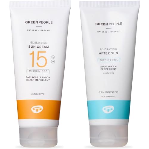 Green People Edelweiss SPF15 Sonnencreme & After Sun - Natürlicher, biologischer Sonnenschutz mit Bräunungsbeschleuniger - Nicht komedogen, korallenfreundlich - 2x200ml