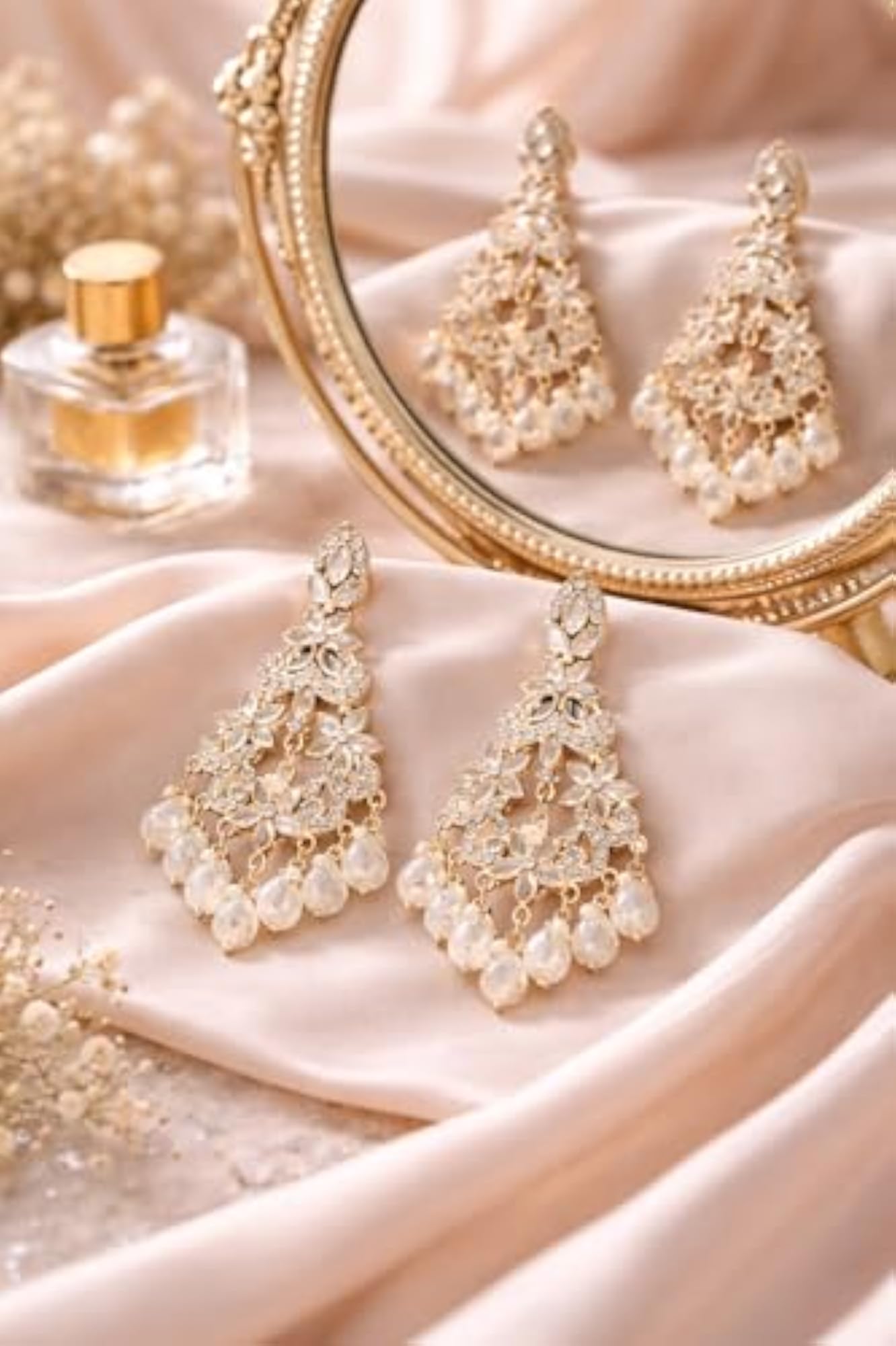 Floral Pearl Drop Chandbali Earrings for Women, Gold Plated Statement