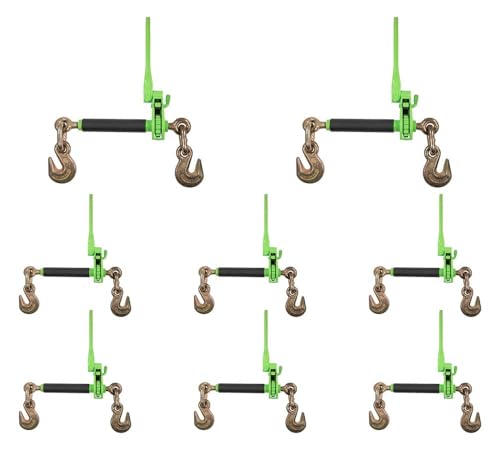 Image of Mytee Products 8 Pack 3 /8 inch-1 /2 inch Hi-Viz Green Heavy Duty Folding Handle Ratchet Load Binder w /Grab Hook 12,000 lbs WLL | Tie Down Hauling Chain Binders for Flatbed Truck Trailer