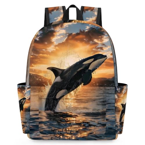 3d Killer Whale 15 Inch Small Backpacks for Women Men, iPad Tablet Backpack Casual Travel Camping Daypack with Adjustable Shoulder Straps and Non-slip Chest Buckle