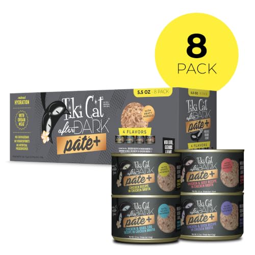 Image of Tiki Cat After Dark Pate+ Variety Pack, 5.5 oz. Cans (Pack of 8) | After Dark Pate+ Variety Pack, Real Animal Protein with Organ Meat, High Protein, Moisture-Rich, 5.5 Oz. Cans, 8 Pack