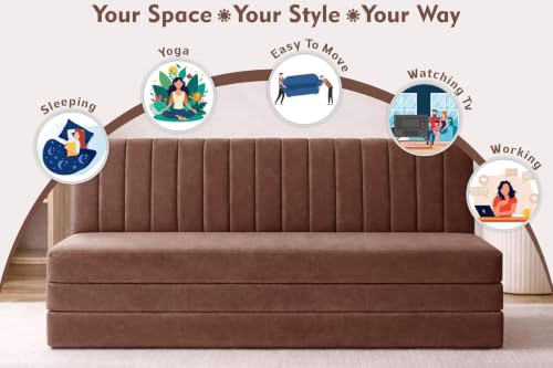 Image of Rosebell -3 Seater Upholstered Armless Sofa Cum Bed with Backrest | Velvet Fabric Finish | Modern Living Room & Bedroom -Brown