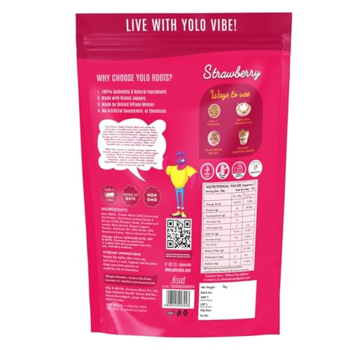 Image of Yolo Roots 26g High Protein Strawberry Super Oats 1 Kg | Plant-Based Protein with Organic Jaggery | No Refined Sugar | High Fibre Breakfast Oats with Seeds & Raisins (Strawberry)