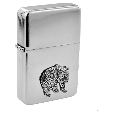 Personalised Classic Petrol Lighter with Engraved Bear Badge Cover