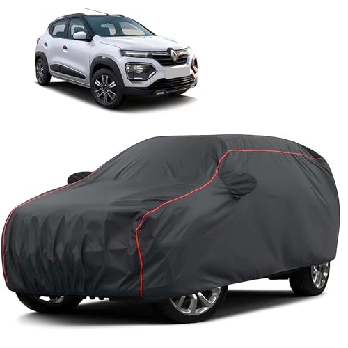 Image of Sulfar 100% Water Resistant Car Body Cover Compatible with Mirror for Renault Kwid (Triple Stitched, Full Bottom Elastic, Dark Grey Taffeta with Red Piping)