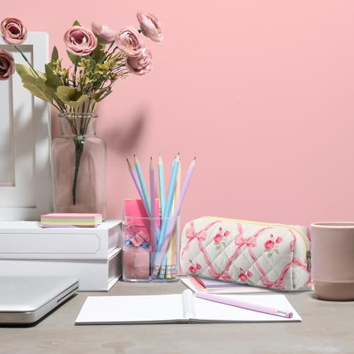 Image of Sherr Coquette Pink Bow Pencil Case Pink Floral Bow Cute Pencil Pouch Soft Cotton Storage Bag Aesthetic Pattern Gift Makeup Pouch Cosmetic Bag for Women Adults