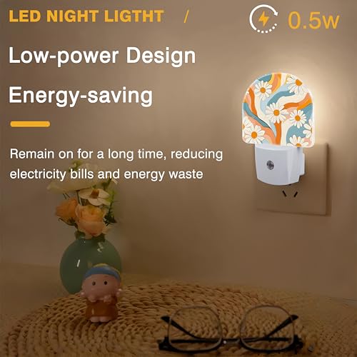 Image of Night Light, Retro Groovy Flower Night Lights Plug into Wall Dusk to Dawn Sensor Round Nightlight for Women Men Energy Efficient Led Lamp 0.5W for Stairway Hallway Bedroom