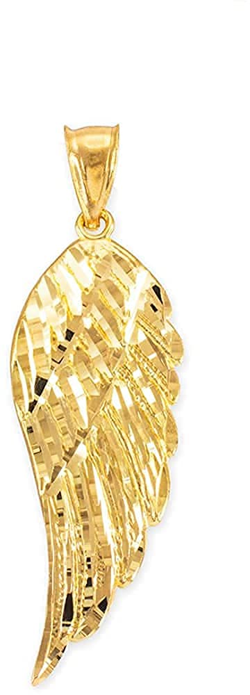 10K Gold Textured Single Angel Wing Charm Pendant - Choice of Metal