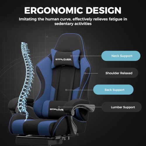 Image of GTPLAYER Gaming Chair, Computer Chair with Footrest and Lumbar Support, Height Adjustable Game Chair with 360-Swivel Seat and Headrest and for Office or Gaming (Blue, Fabric)