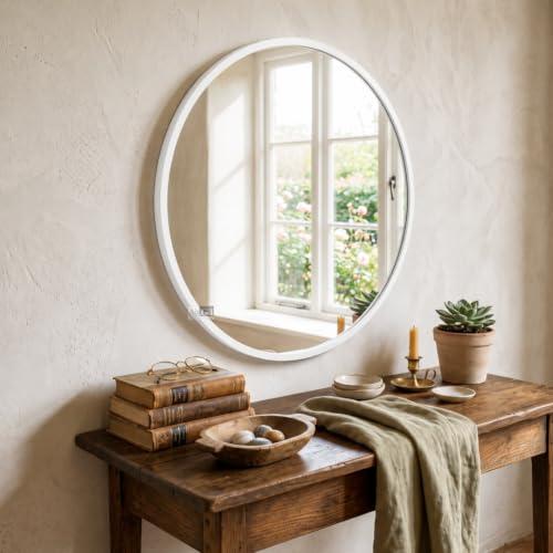 Image of Round Wall Mirror in Gold I Metal Frame Mirror I Modern Design Metal Frame Mirror in Medium Size I Bathroom Wash Basin, Bedroom, Drawing Room (White 24 inch)