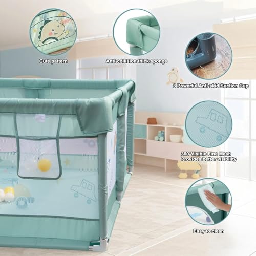 Image of Dawnwake 120x120 cm Playpen for Baby up to 3 Years with Safety Lock & Anti-Fall Grasp Rings (No Mat, Non-Foldable) - Green