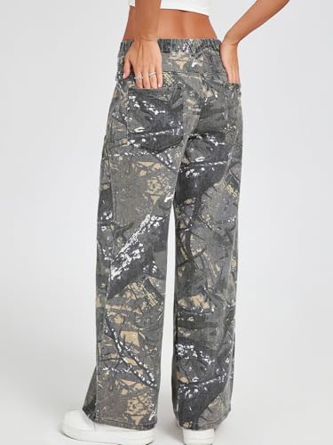 Baggy Camo Pants Women Mid Rise Wide Leg Camouflage Jeans Elastic Waist Army Fatigue Denim Sweatpants2