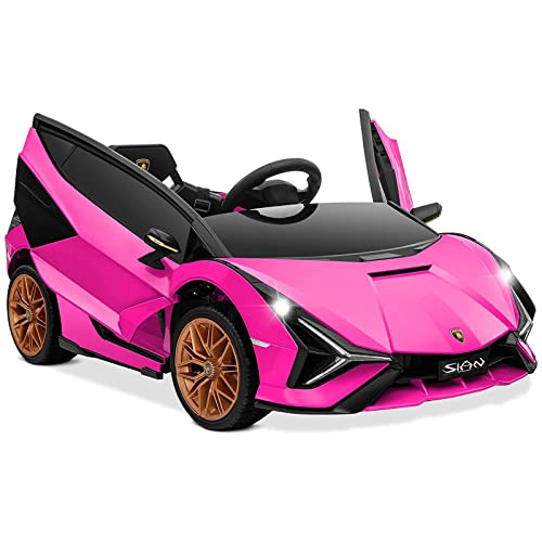 OLAKIDS Kids 12V Licensed Lamborghini SIAN Ride On Car, Electric Vehicle for Toddler with Control Remote, Battery Powered Toy with Music, Horn, 2 Speeds, Suspension, LED Lights, Bluetooth, USB (Pink)