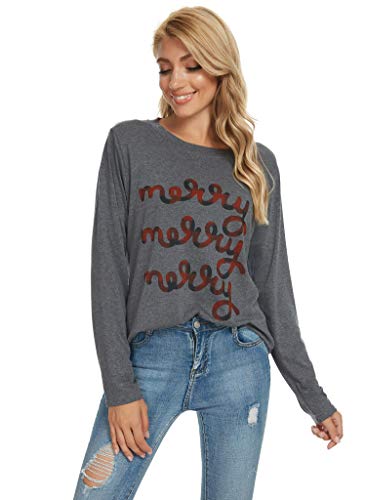 Women's Buffalo Plaid Tees Casual Long Sleeve Merry Letter Printed Graphic Blouse Tops T Shirt(Christmas Merry-4145 L)