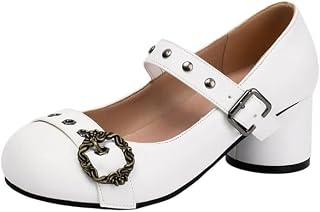 JKaur® Women’s Belt Buckle Sandal Thick Medium Heel PU Upper Rubber Sole Footwear | White - 48 Price In India