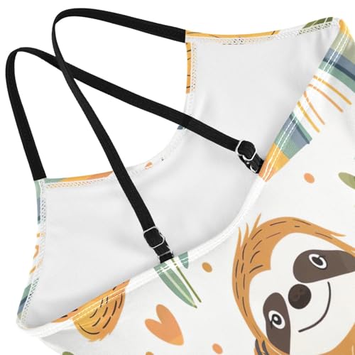 Cute Cartoon Sloth Leaves White Kids Swim Suits 3-10T Summer Swimsuits Girls, Beach Bathing Suit4