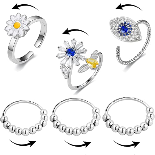 VELESAY 6PCS Angst Ring Edelstahl Spinning Ringe für Frauen Damen Angst Spinning Ringe mit Perlenband Ring für Angst Dünne Stapelbare Ringe Zappelringe Ringe Zirkonia Blume Einstellbare Offene Ringe Cover