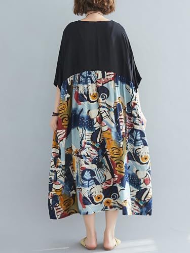 Image of Women's Oversized Dress Plus Size Summer Dress Artsy Print Pathwork | Loose, Oversized Cut Baggy Dresses. O Neck with Pockets. Breathable Viscose Fabric for Summer. Colorful Print Patchwork