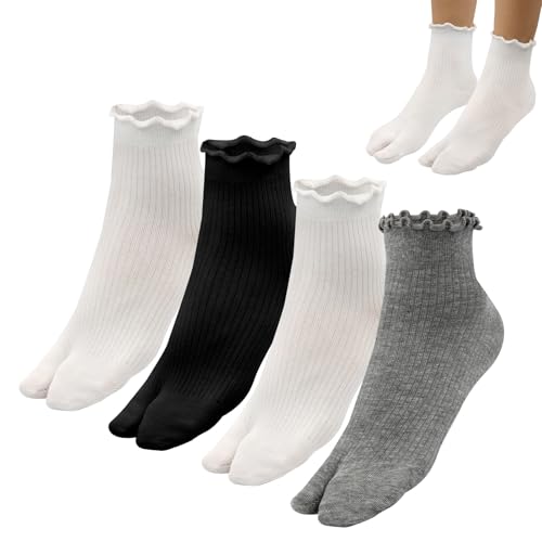Soleeya 4 Paia Calze Tabi Donna con Volant, 35-39 Calzini Infradito Tabi Elastico Calzini Giapponesi con Alluce Separato Cotone (IT, Numero, 35, 39, Regular, Regular, Bianco/Nero/Grigio)