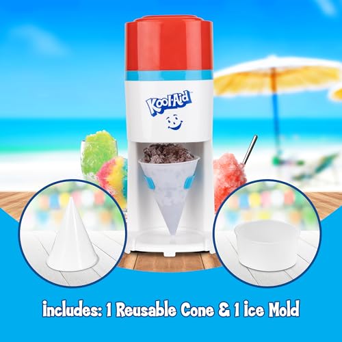 Image of Kool-Aid Shave Ice and Snow Cone Machine, Multi-Use Ice Shaver for Frozen Treats, Slushies, Snow Cones, and More - Reusable Cup and Ice Mold, Stainless Steel Blades - Red, White, & Blue