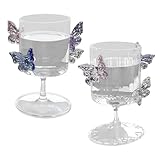 Romantic Clear Glass Goblet, Decorative Wine Glasses with 3D Butterflies, 10.5 Oz Bar Tumbler Drinking Glassware Cocktails Glassware Juice Glass for Home Bar Wedding Party (Butterfly/plain+stripes)