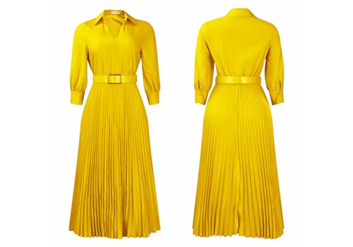 Image of Famnbro Womens Pleated Dress V Neck Long Sleeve A line Church Formal Works Business Dresses with Belt