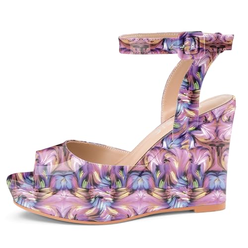 Image of Women's Dressy Platform Wedge Sandals Gold Wedges Peep Toe Patent High Heels Slingback Heeled Comfortable Ankle Strap Shoes