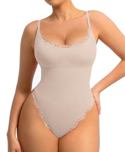 Image of FeelinGirl Lace Bodysuits for Women Shapewear Tummy Control Thong Cami Bodysuit Tops with Adjustable Spaghetti Straps