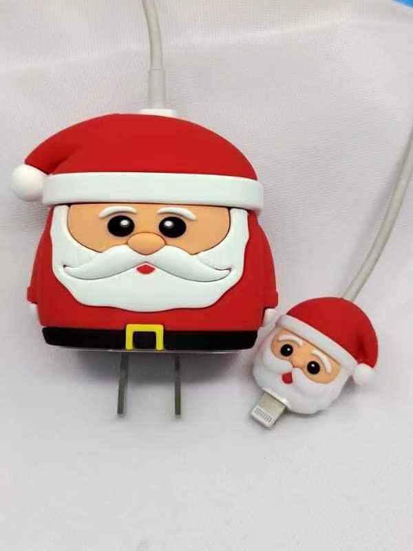 Image of Cartoon 3D Design Protective Case for 18W 20W iPhone 14 13 12 11 Pro Max Fast Charging Cable Adapter Charger, Cute Cartoon Lightning Data Cable Case for iPhone Charger SANTA