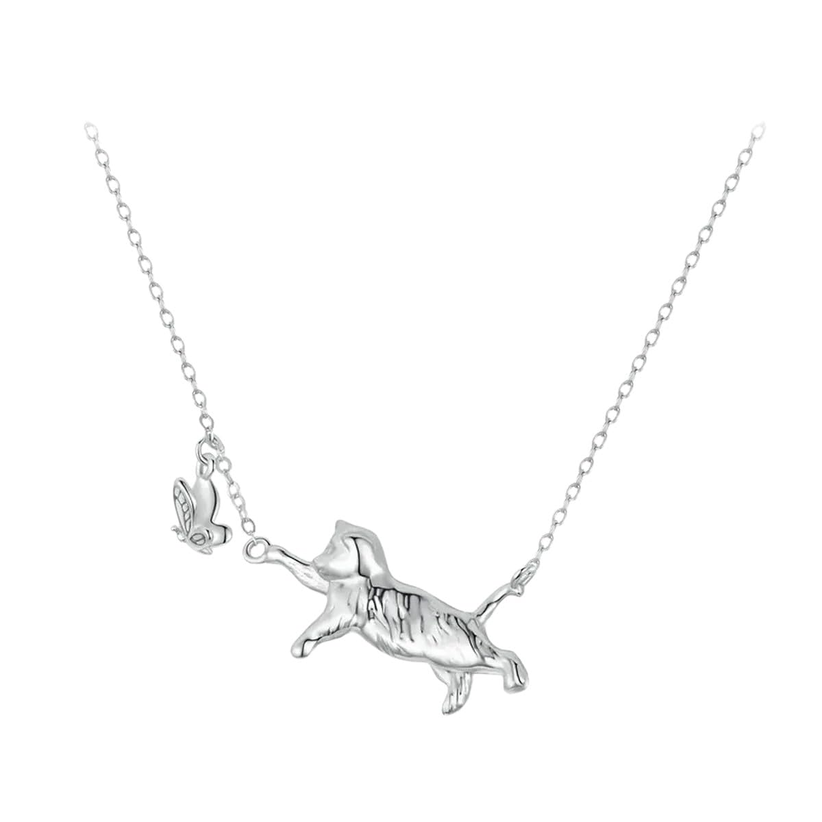Collier pendentif chat en argent 925 et son papillon volant ciselé