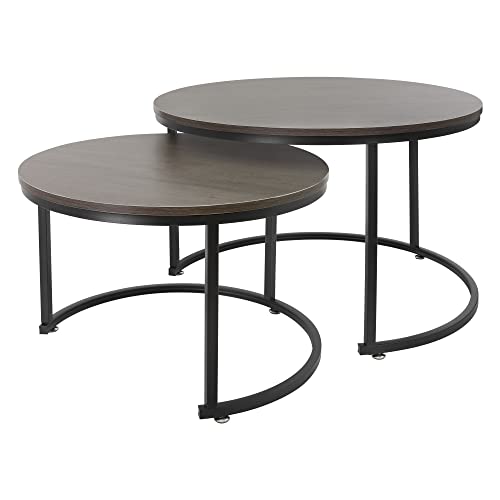 ML-Design Juego de 2 Mesas Auxiliares Redondas de Centro Ø59x40cm/Ø74x48cm MDF Roble Oscuro Estructura de Metal Negro Mesita para Salón Diseño Moderno Tablero para Lámparas Accesorios Decorativos