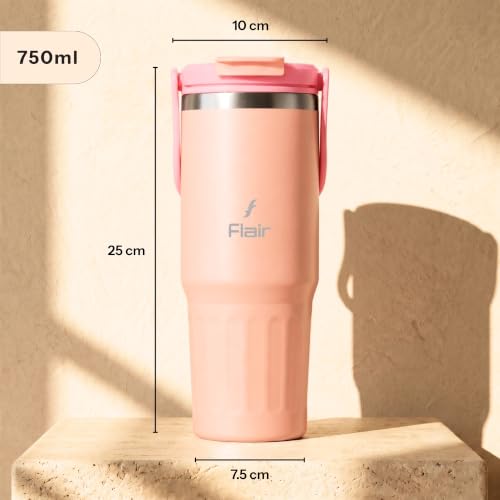 Image of FLAIR Vibe Vacuum Insulated Tumbler 750 ml Peach| 2-in-1 Lid (Straw & Sip) | 304 Stainless Steel | Leak-Proof Travel Mug with Handle | Hot & Cold | BPA-Free