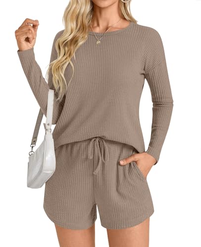 Image of Anydoll Womens Pajama Sets Waffle Knit Lounge Sets Long Sleeve Top and Shorts 2 Piece Loungewear with Pockets