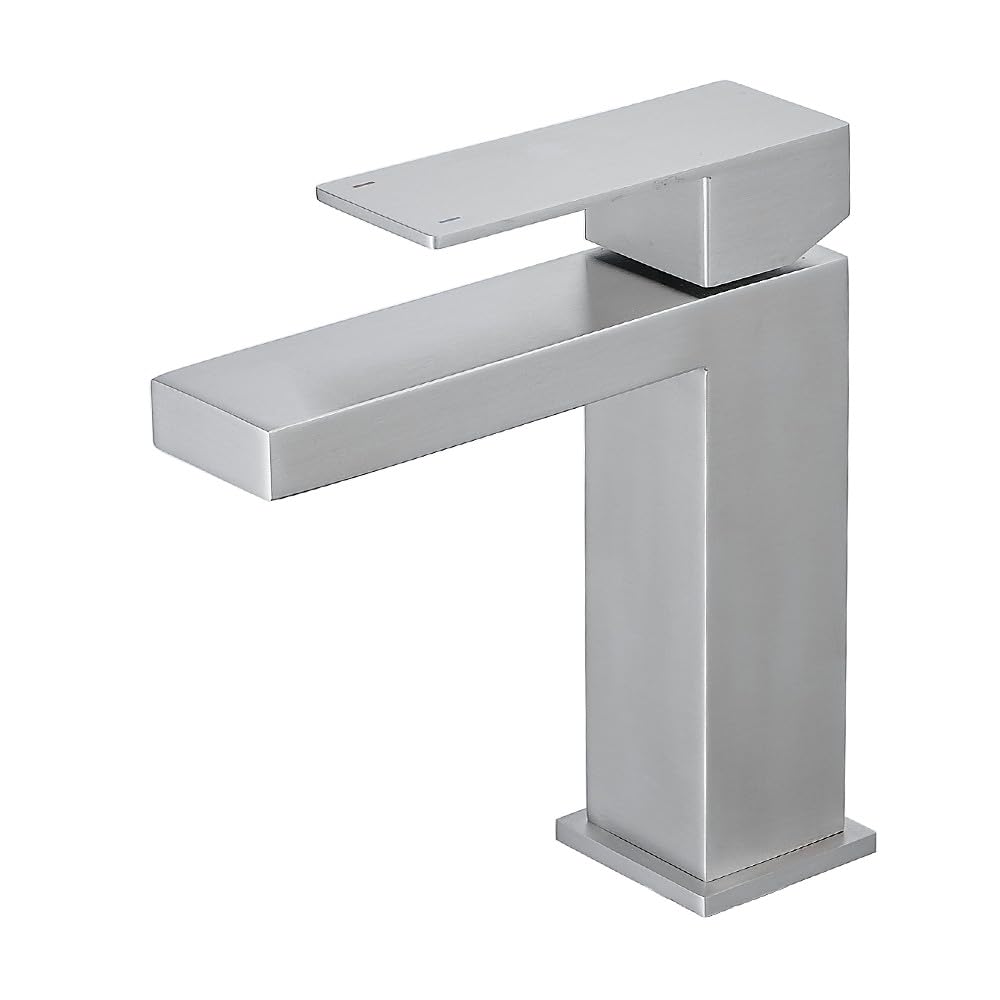 Heable Brushed Nickel Basin Mixer Tap Square Bathroom Sink Taps Monobloc Single Handle Washroom Faucet Modern Mono Washbasin Tap with UK Standard Hoses