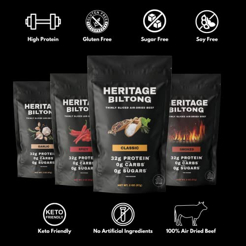 Heritage Biltong Air-Dried Beef | Better Than Jerky | Paleo | Keto | Sugar Free | Gluten Free | High Protein | 2Oz (4Pack) (Variety) #TOP5