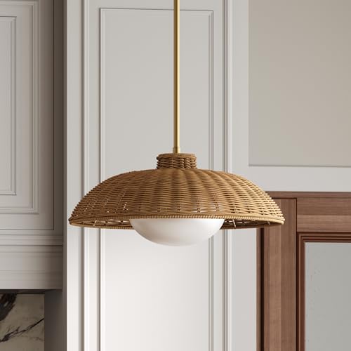 Nathan James Belleville Boho Rattan Pendant Light with Diffuser, Sloped Ceiling Pendant Light with...