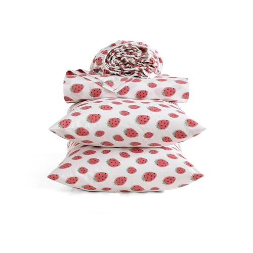 Image of Poppy & Fritz - Full Size Sheet Set, 100% Long-Staple Percale Cotton Bedding, Crisp & Cool, Deep Pockets, Bed Sheets with Matching Fitted Sheet & Pillowcases (Strawberry Picnic Pink)