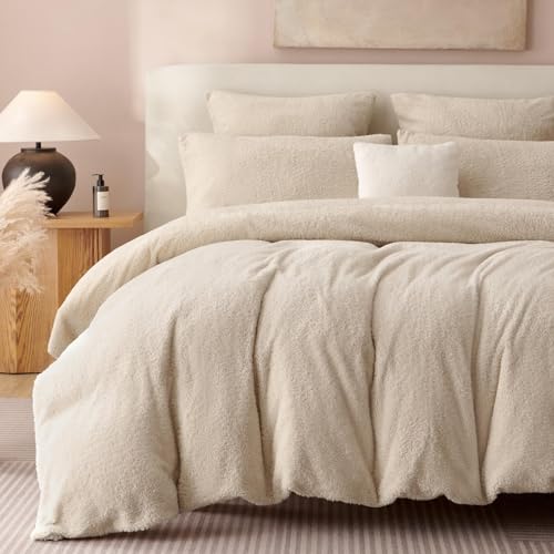 Freyamy Peluche Housse de Couette 200x200+2 Taie d'oreiller 65x65cm Beige Teddy Fleece Shaggy Furry Parure de lit 2 Personnes Adulte Flanelle Fuzzy Hiver Chaude Linge de lit avec Fermeture Éclair